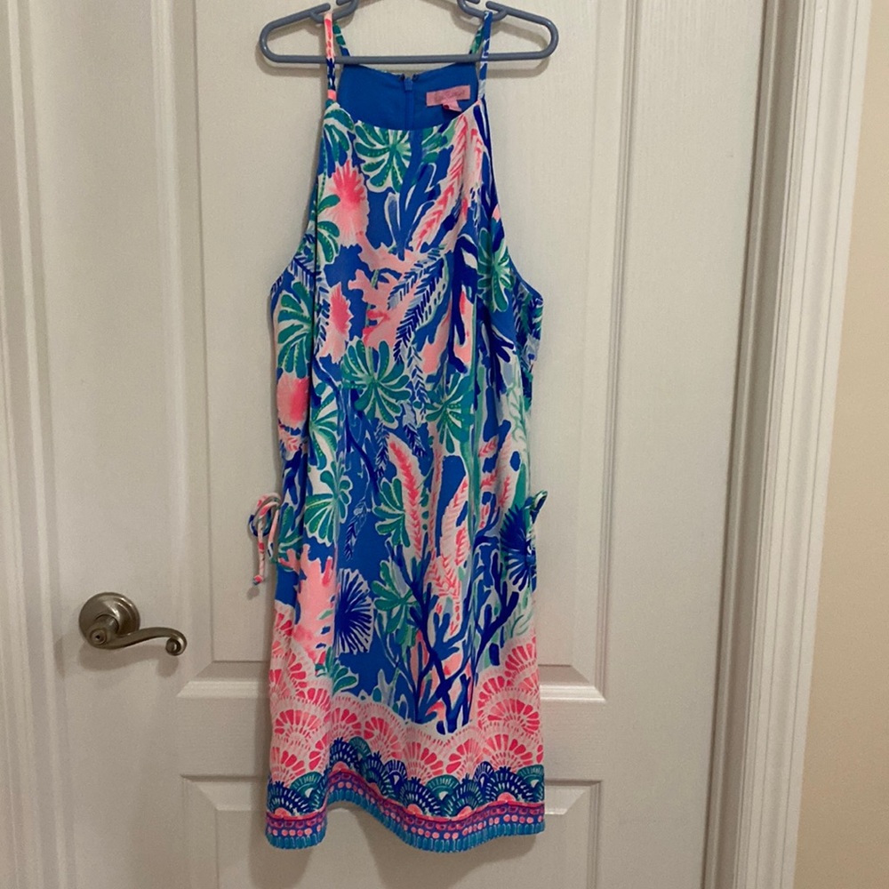 Lilly Pulitzer Colorful Spaghetti String Dress with shorts.